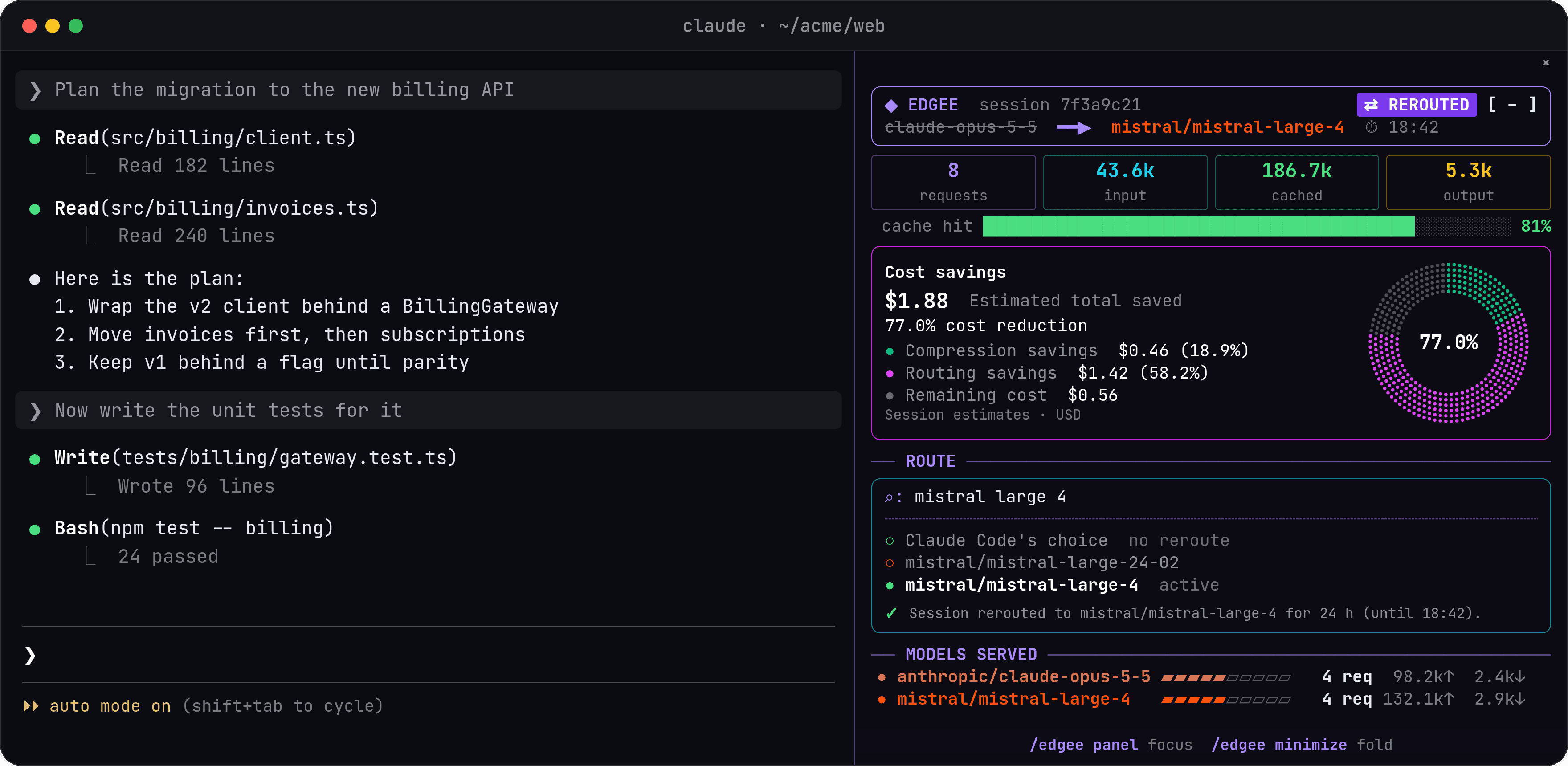 Claude Code terminal with the conversation on the left and the Edgee Mod sidebar showing model selection, tokens, and estimated savings on the right.