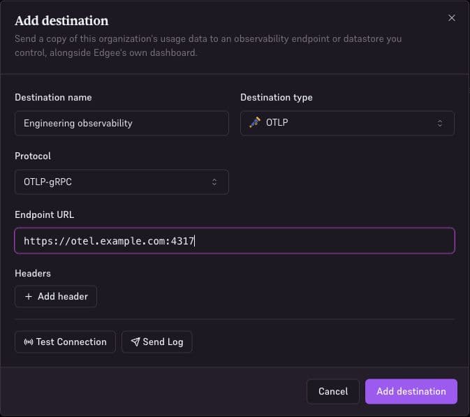 Edgee OTLP destination form with protocol, endpoint, headers, Test Connection, and Send Log controls