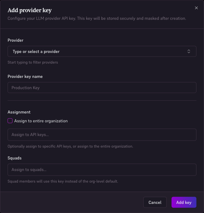 Add provider key form with organization, key, and squad assignments.