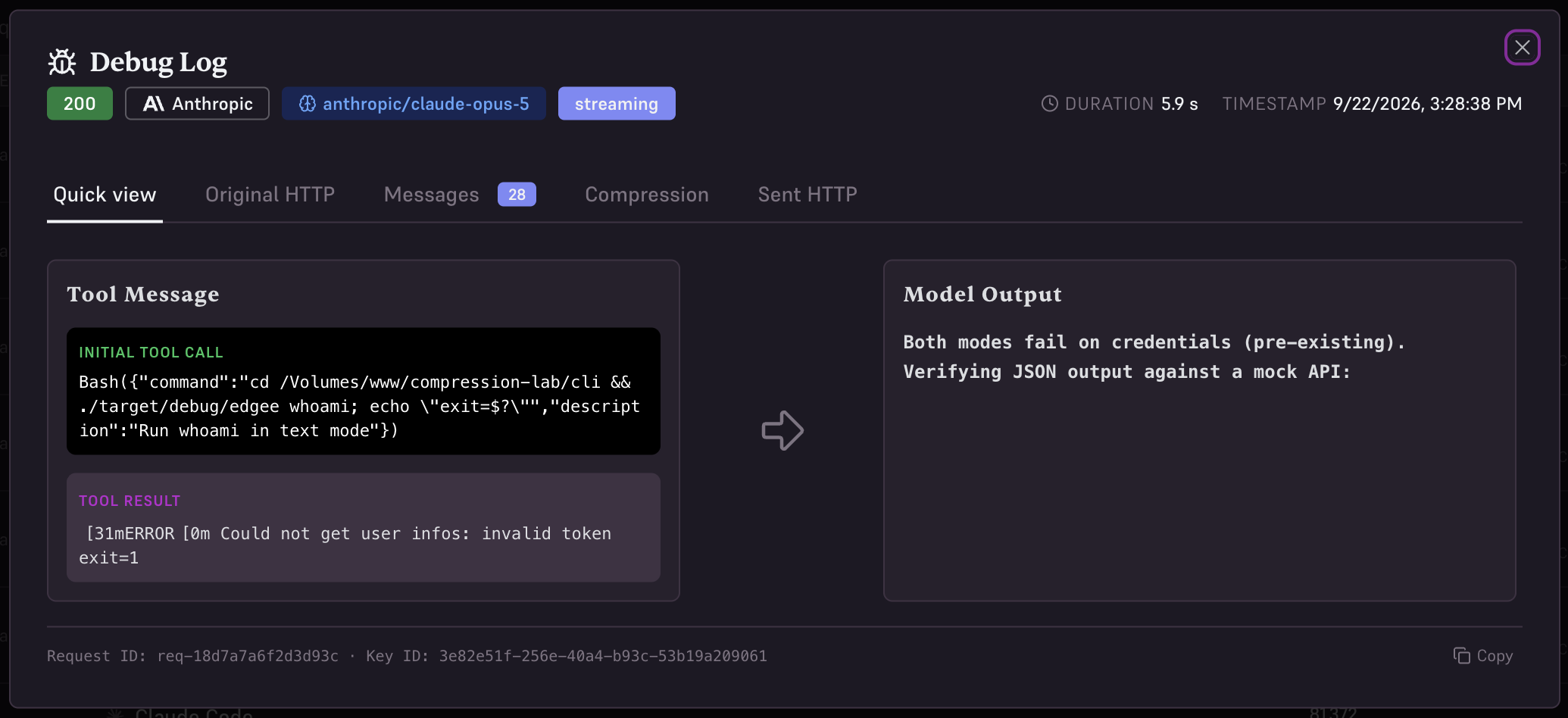 Debug Log Quick view showing a tool message, tool result, and model output.